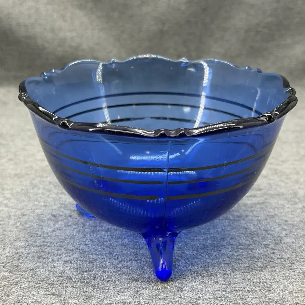 VTG Cobalt Blue Glass Candy Dish Bowl Mt Pleasant 3 Black Stripes 3 Toed READ